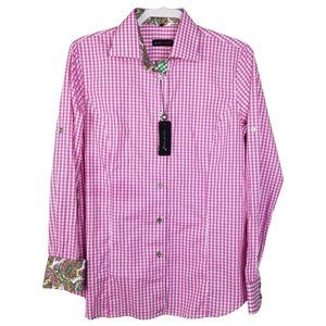 NWT Jared Lang Woman's XL Cotton Button Up Shirt Pink Gingham Flip Cuff Roll Tab